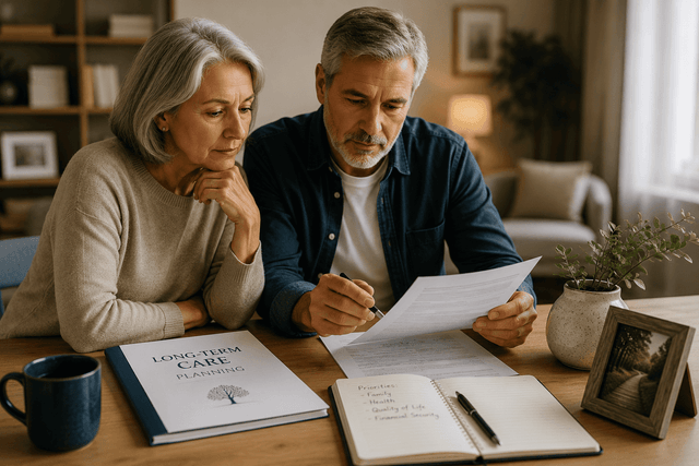 A licensed advisor discussing long-term care options with a senior couple at home